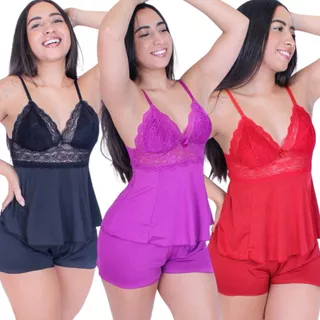 Kit 3 Pijama Baby Doll Sexy Short Doll Feminino Com Detalhes Em Renda Roupa De Dormir Linha Noite