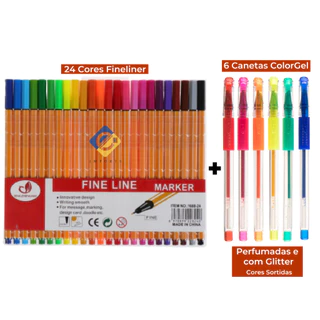 Kit Canetas Coloridas Ponta Fina 24 Cores + 6 Canetas Coloridas Gel com Glitter Perfumadas