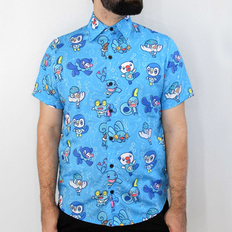 Camisa Blusa Social em Botões Pokemons Iniciais água Unissex