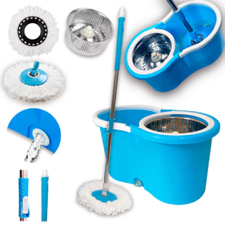 MOP Giratório 360° com Cesto em INOX Balde Centrífuga Rodinhas e 2 Refis Azul