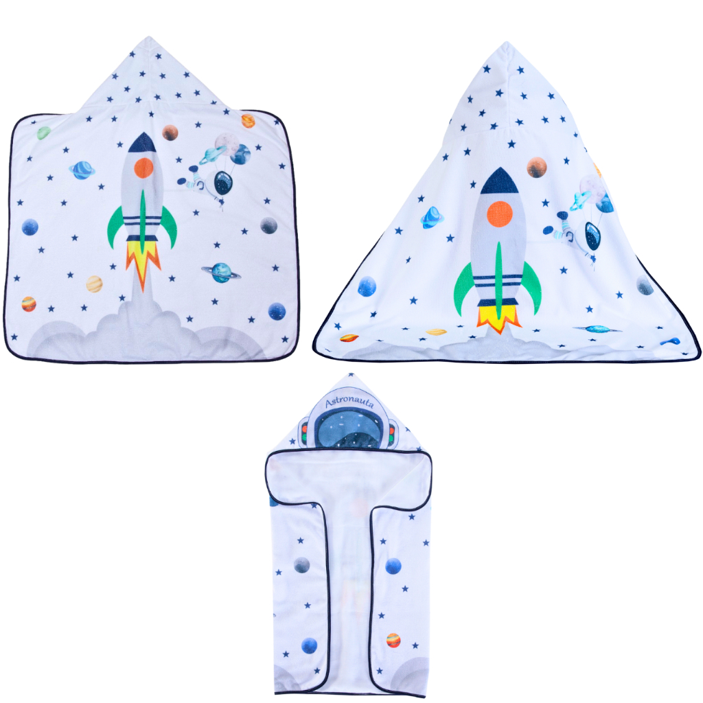 Toalha de banho Astronauta Foguete capuz bebê infantil dupla camada fralda 100% algodão 75 x 95 cm