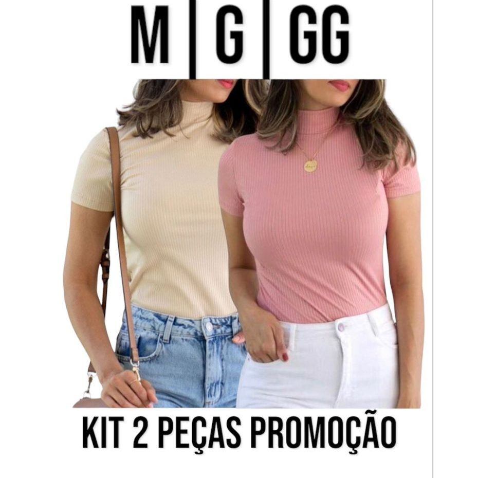 Kit 2 Blusa Canelada Gola Alta Manga Curta Moda Feminina