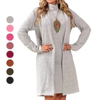 Conjunto Vestido Feminino Lanzinha Cardigan Casaco Gola Alta