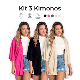 Kit 3 Kimonos Cardigan Feminino Manga 3/4 Soltinho 100% Viscose Blogueirinha - Meia Estação e Verão - Terceira Peça - Casaquinho Feminino Canelado - Saída de Praia - Moda Blogueirinha