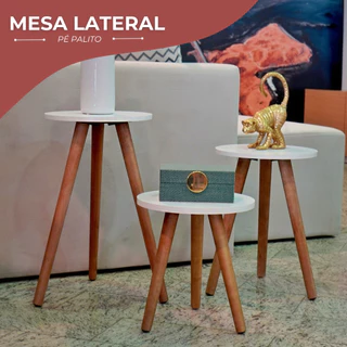 Kit Trio Jogo de Mesinhas Lateral Redondas Sala Pé Palito Retro