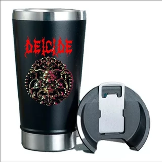 Copo Térmico de Aço Inox Preto com Tampa e Abridor Deicide, Black Metal Death Metal