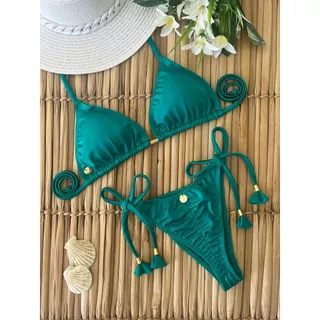 Biquíni Adulto Clara Cortininha Bojo Removível Calcinha Empina Bumbum Beach Gloss Tecido Brilhante