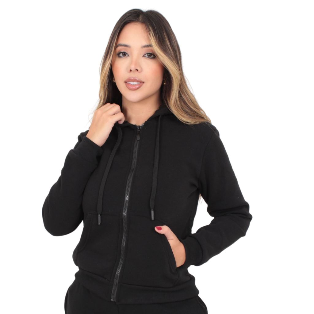Moletom Básico Feminino Liso Zíper e Bolso Canguru