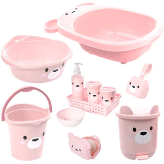 KIT BANHEIRA DE BEBÊ DECORADA LUDICA PLASUTIL + KIT HIGIENE URSO 5 PEÇAS + BACIA LIXEIRA BALDE SABONETEIRA PORTA CHUPETA - MENINO E MENINA
