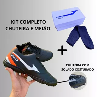 Chuteira Society Costurada + MEIÃO PRETO M-2 PRETO/BRANCO/LARANJA Super Reforçada Tênis Futebol Quadra Society Adulto Juvenil Unissex Masculino Feminino
