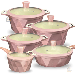 Kit Jogo Panelas 5 peças Rose Antiaderente Ceramica Indução Tampa de Vidro Rose e Bege