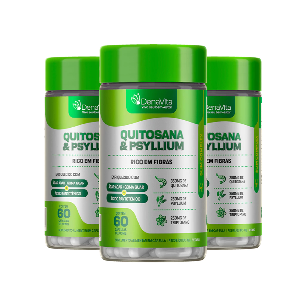 Kit 3x Quitosana + Triptofano + Psyllium + Ácido Pantotênico - Denavita