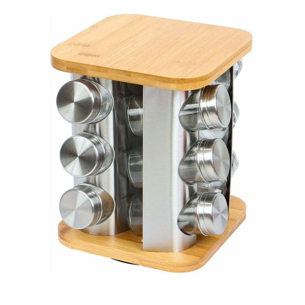 Porta Tempero Bambu Inox 12 Potes Vidro 90ml Giratório Quadrado Moderno Cozinha Decoração Condimentos Espaço Gourmet Especiarias