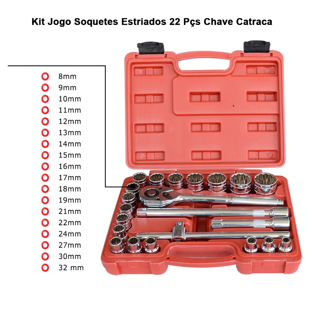 Kit Jogo Soquetes Estriados 22 Pçs Chave Catraca Reversível