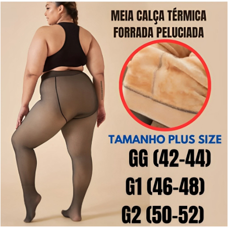 Meia-Calça Térmica Plus Size G-GG Forrada Peluciada Translúcida de Lã Feminina Super Elástica Slim