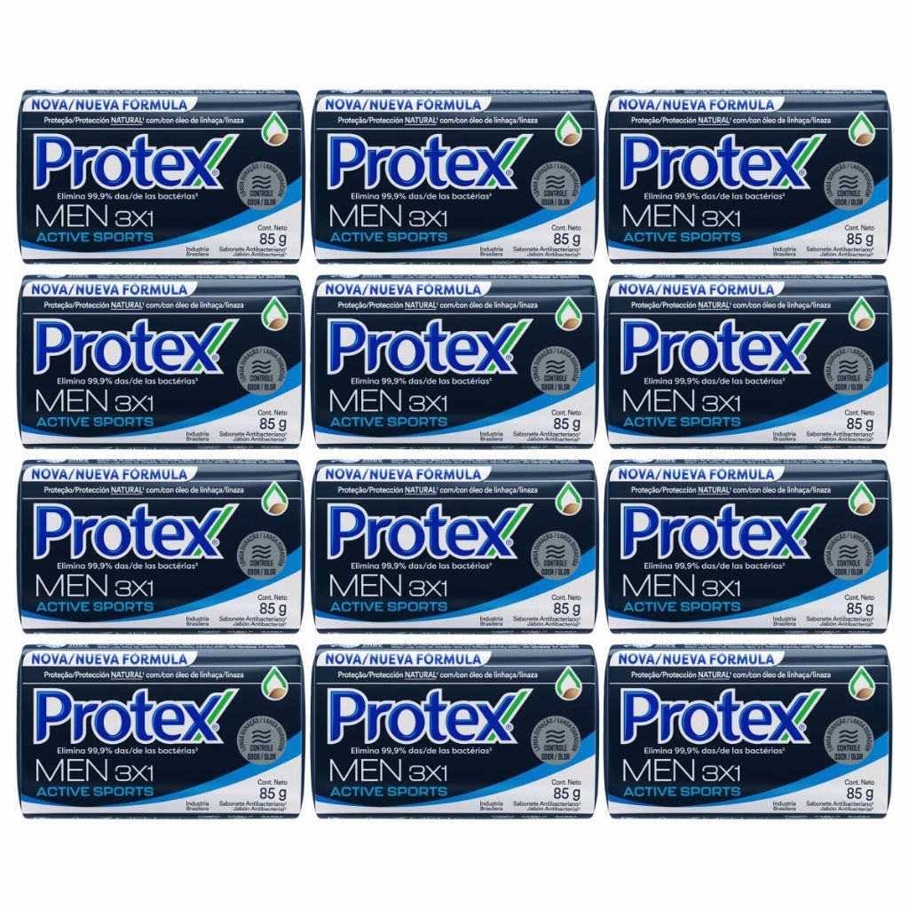 Kit 12 Sabonetes em Barra Protex Men 3x1 Active Sports 85g