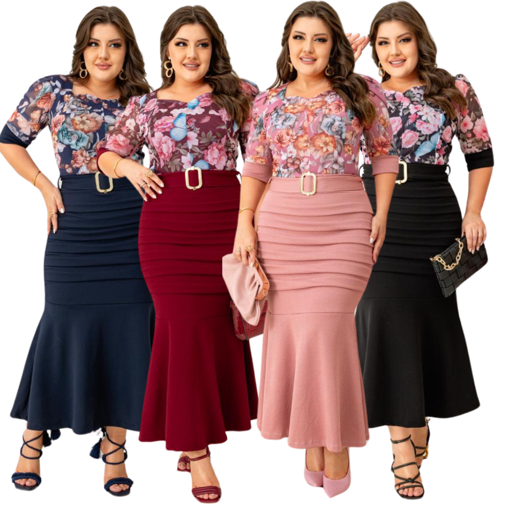 Vestido Plus Size Moda Evangelica Midi Dobras Com Cinto Tamanho Grande ...