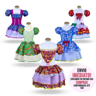 Vestido de Festa Junina Infantil Várias Estampas - Vestido Caipira de Luxo Com Renda Floral