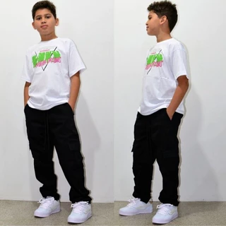 Calça Cargo Infantil Juvenil Criança Meninos E Meninas Preto Bege Jeans Promoção