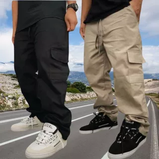 Kit 2 Calças Cargo masculino Roupas Masculinas elegante 6 Bolsos skate Larga Fechamento Cordão