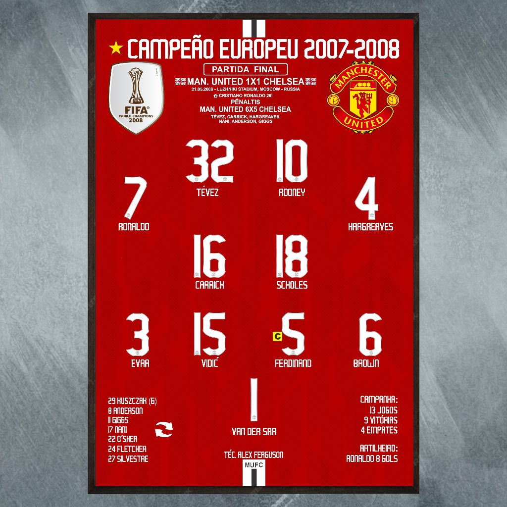 Quadro Manchester United CAMPEÃO CHAMPIONS 2007-2008