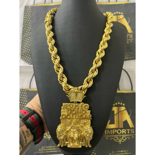 Corrente baiano 20mm Oco 70cm e pingente banhado a ouro 18k 10 milésimos