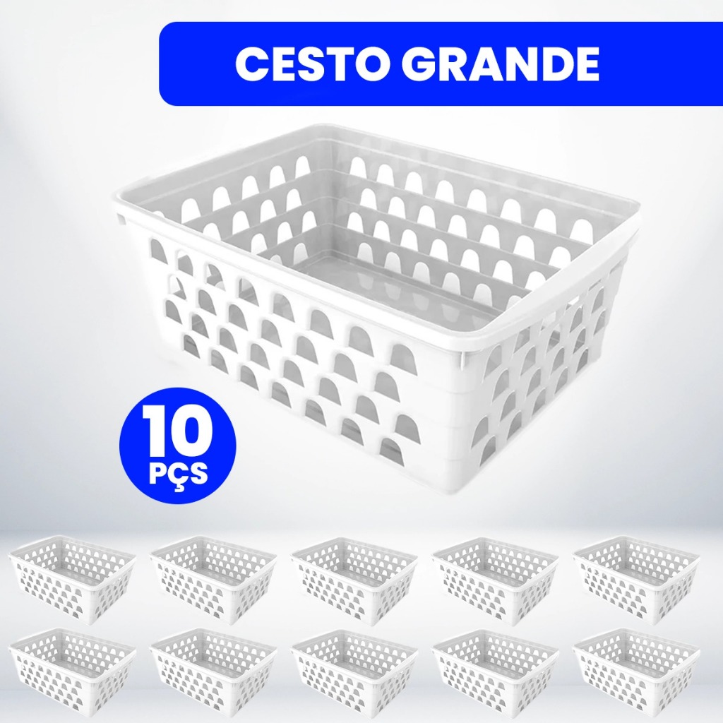 Kit com 10 Cestos Organizadores Multiuso 24x17x11cm Grande Branco