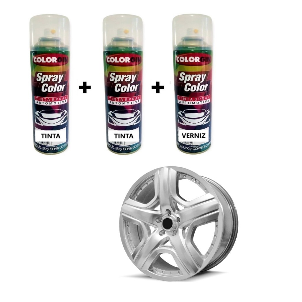 Kit 2 Tintas Automotiva Spray Prata para Rodas + Verniz 300ml Colorgin ...