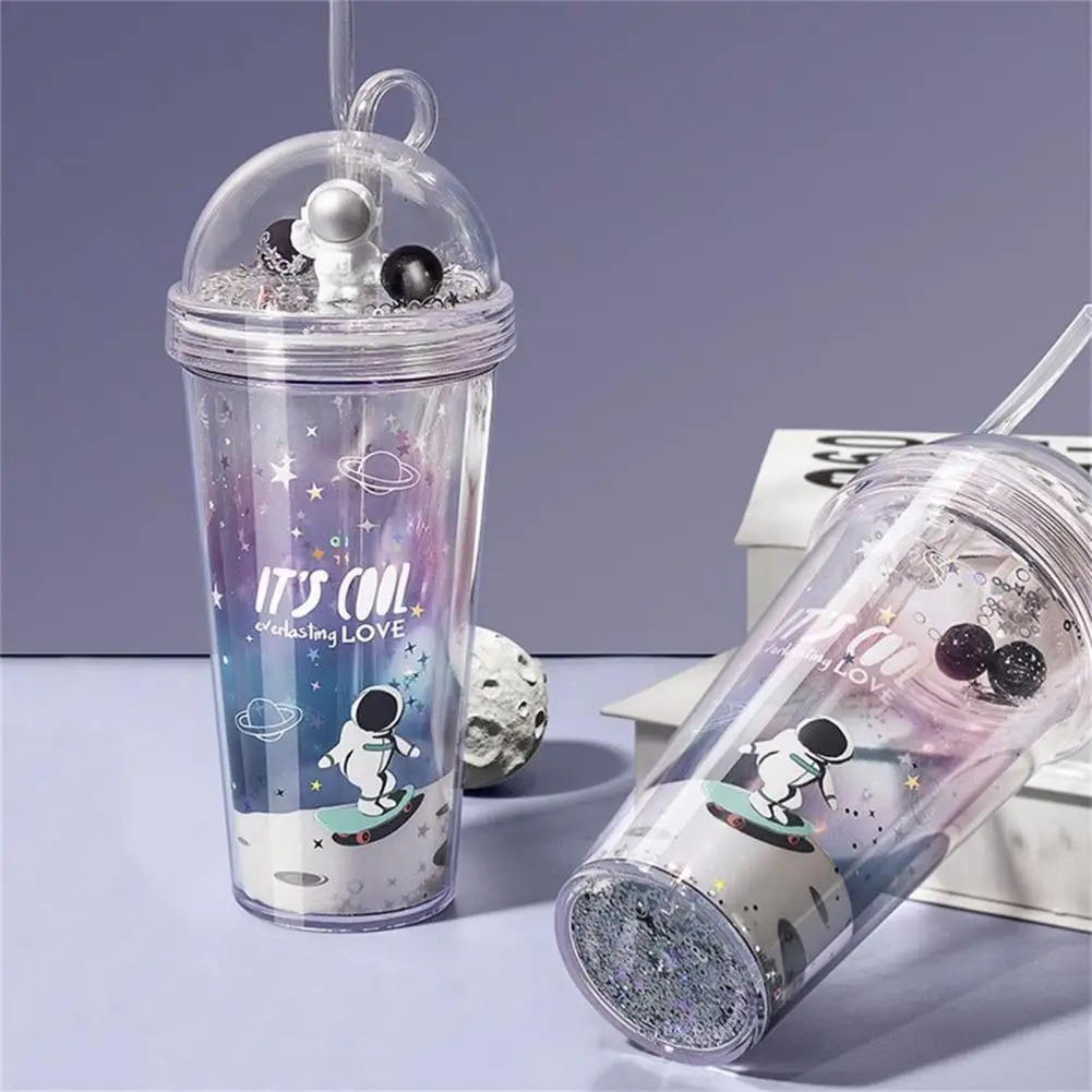 Copo com Canudo Colorido Astronauta 500ml Divertido Brilhante Boneco Lantejoulas Resistente Durável Ergonômico Fácil Limpeza Bebida Suco Refrigerante