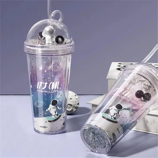 Copo com Canudo Colorido Astronauta 500ml Divertido Brilhante Boneco Lantejoulas Resistente Durável Ergonômico Fácil Limpeza Bebida Suco Refrigerante