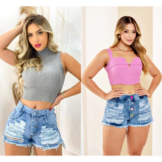 Short Shortinho Feminino Jeans Com Barra desfiada Detalhes Detonado