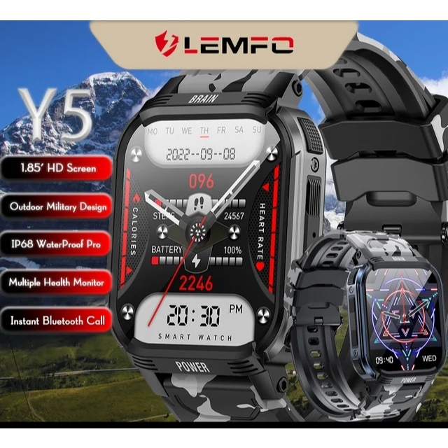 Smartwatch LEMFO Y5 Relógio Inteligente Impermeável Tela HD, Chamada Bluetooth Esportes, Fitness, resistencia militar em português