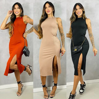 Vestido Midi PAZME Gola Alta Regata Larga C/ Fenda Frontal