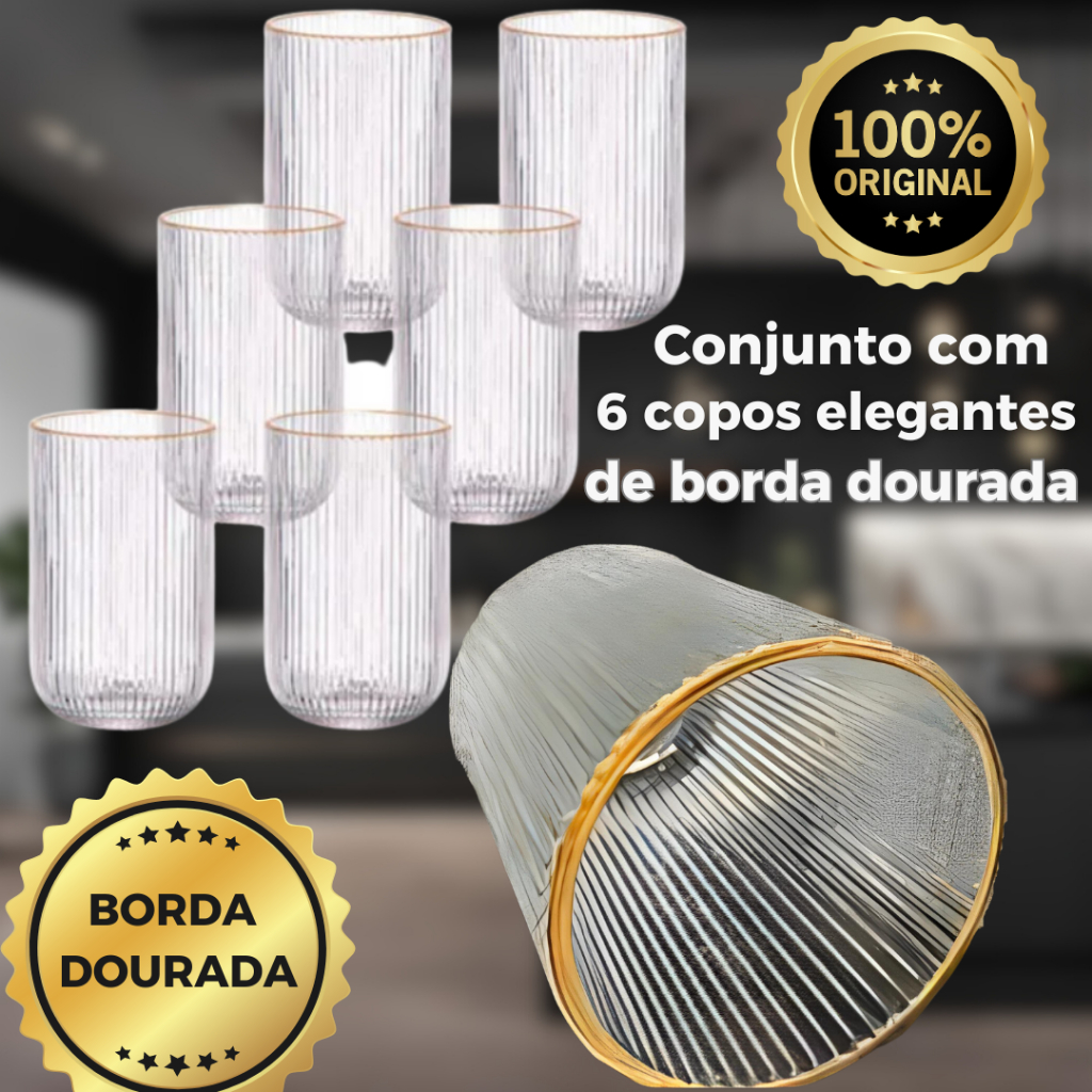 Kit conjunto com 6 ou 4 copos canelados de 425ml, borda DOURADA ou transparente versalhes cameratta.Design elegante e resistente para qualquer bebida no dia dos namorados. Alta qualidade e durabilidade diamond,ideal para refrigerante Sucos Água Bebidas