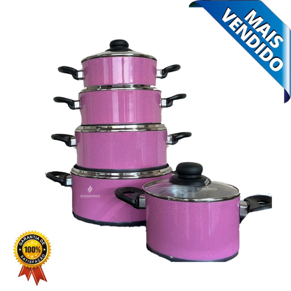Jogo de Panelas em Aluminio LUXO com 5 Peças e Tampas em Vidro Rosa ...