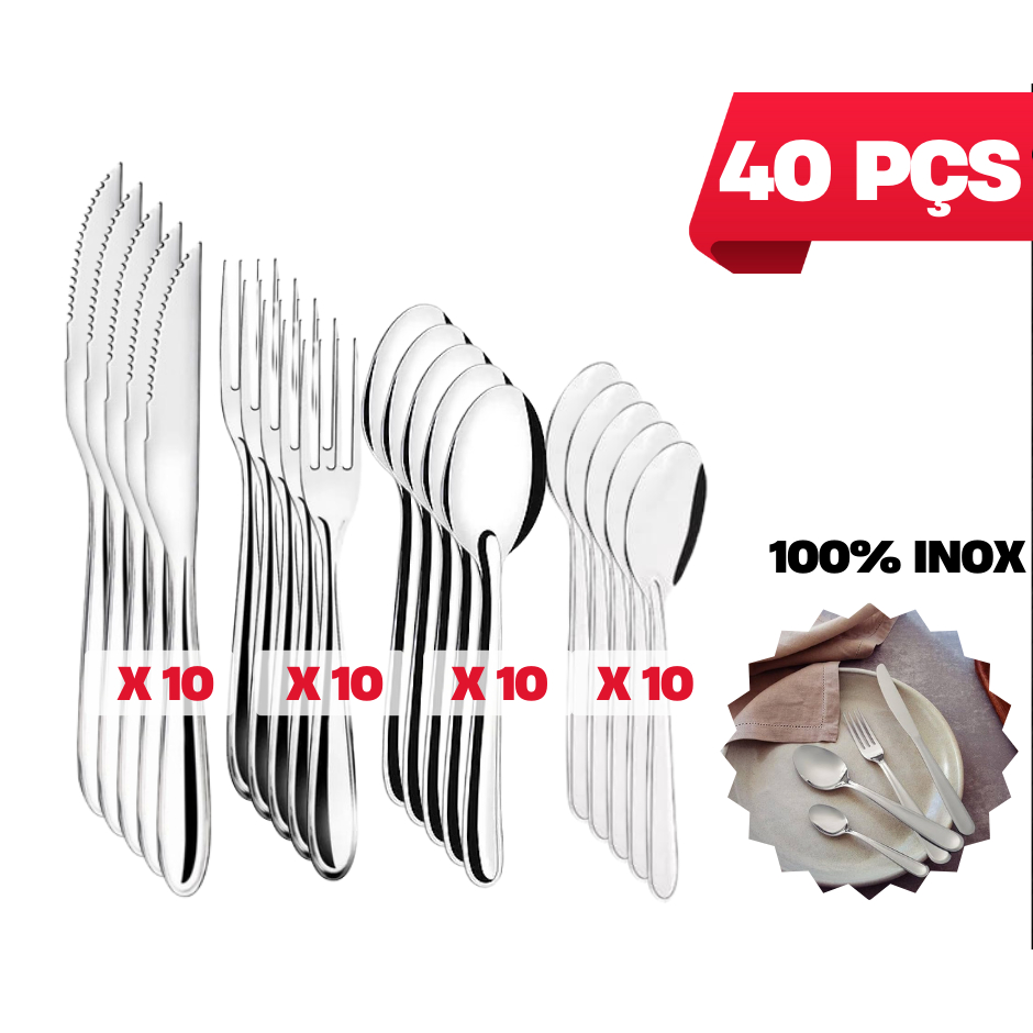 Jogo de Talheres 40 peças Aço Inox 10 Facas, 10 Garfos de Mesa, 10 Colheres e 10 Colheres de Chá