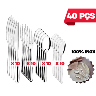 Jogo de Talheres 40 peças Aço Inox 10 Facas, 10 Garfos de Mesa, 10 Colheres e 10 Colheres de Chá