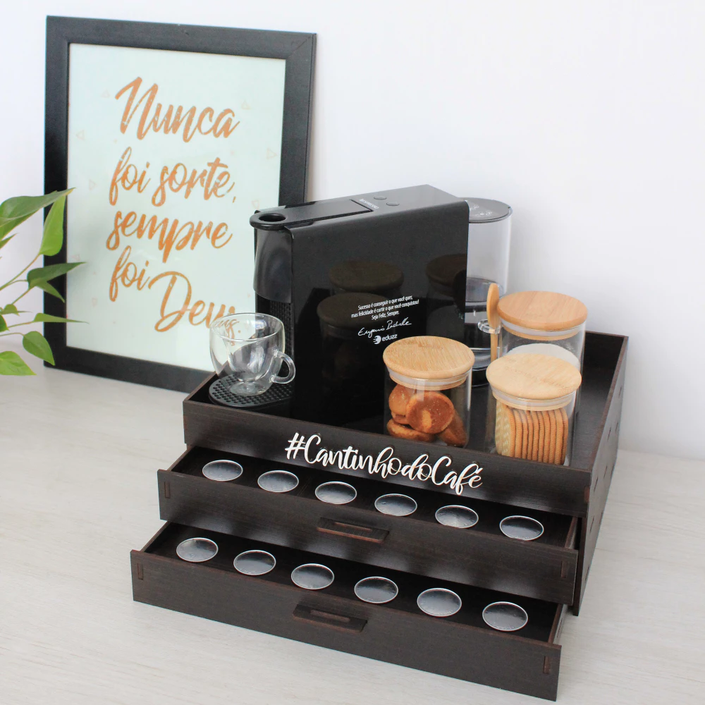 Bandeja Cantinho do Café 2 Gaveta Porta Cápsulas Nespresso Organizador Cafeteira Servir Chá Xícaras