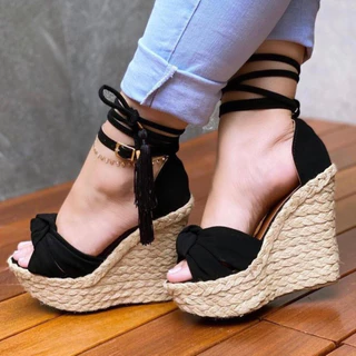 Sandália Anabela Feminina Sapato Feminino Plataforma Tamanco Salto Alto 12cm Tornozeleira Amarração Dulpa
