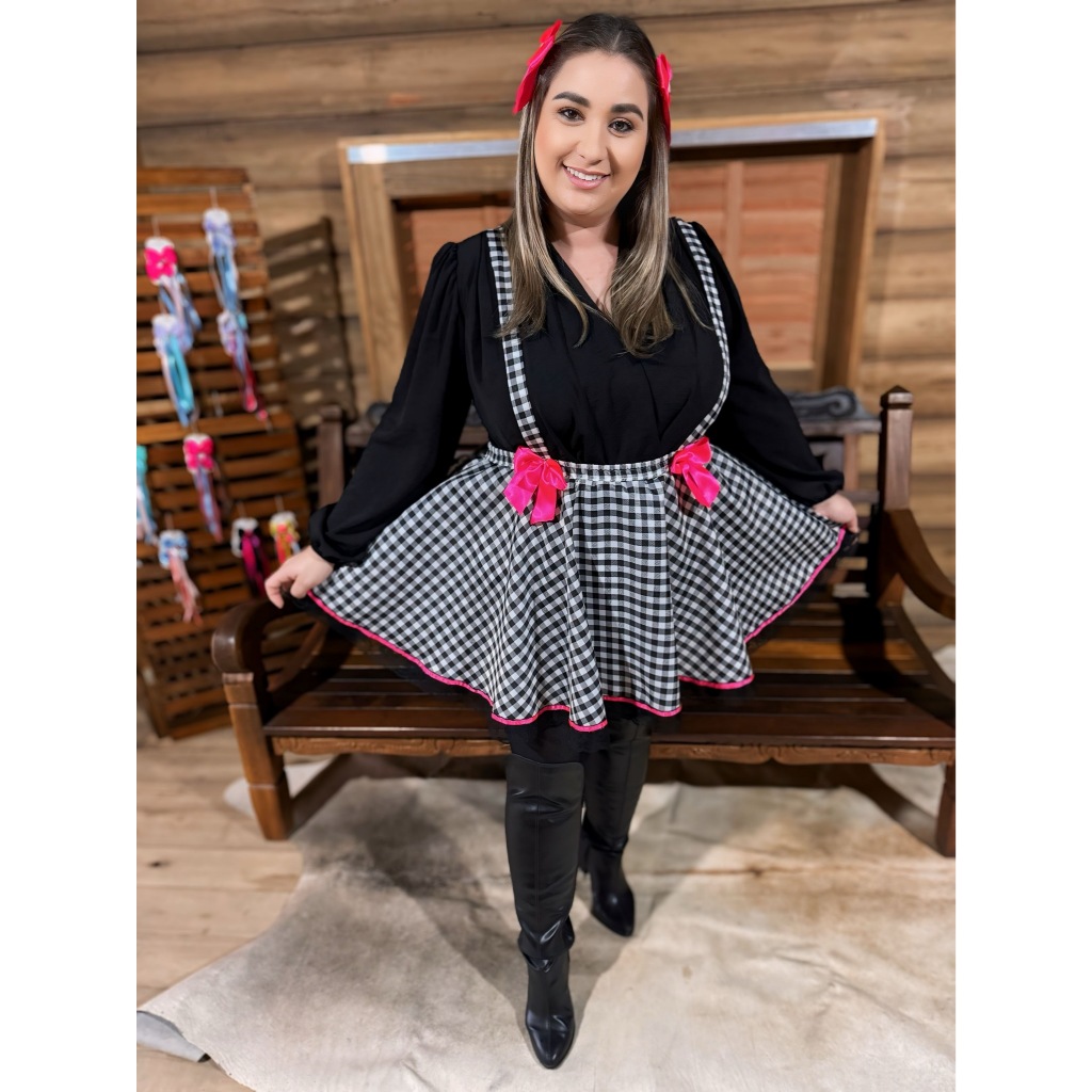 SAIA COM SUSPENSÓRIO FESTA JUNINA XADREZ PRETO COM ROSA / VESTIDO ...