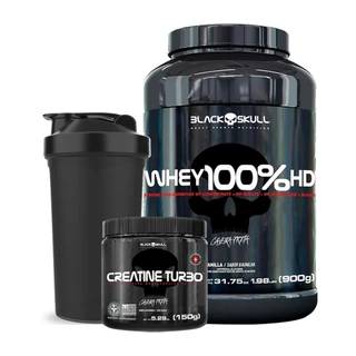 Kit Caveira - Whey 100% HD + Creatine Turbo + Coqueteleira - Black Skull / Caveira Preta