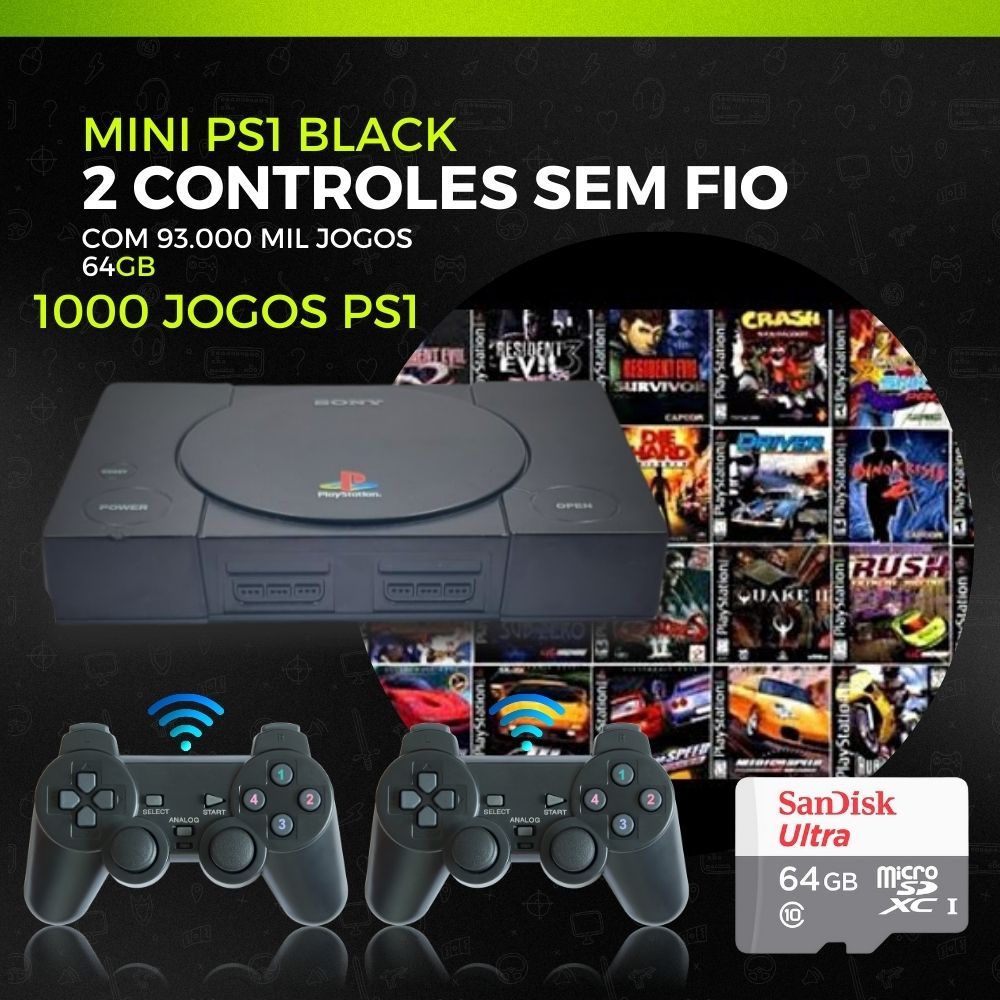 Vídeo Game Retro PS1 93 mil Jogos 2 Controles sem fio Black