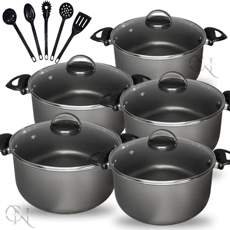Kit Jogo de Panelas 10 peças Caçarolas Antiaderente Teflon com Tampa Vidro e Utensílios