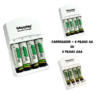 KIT Carregador (Maxday) + 4 Pilhas Recarregáveis (SONGPUS)