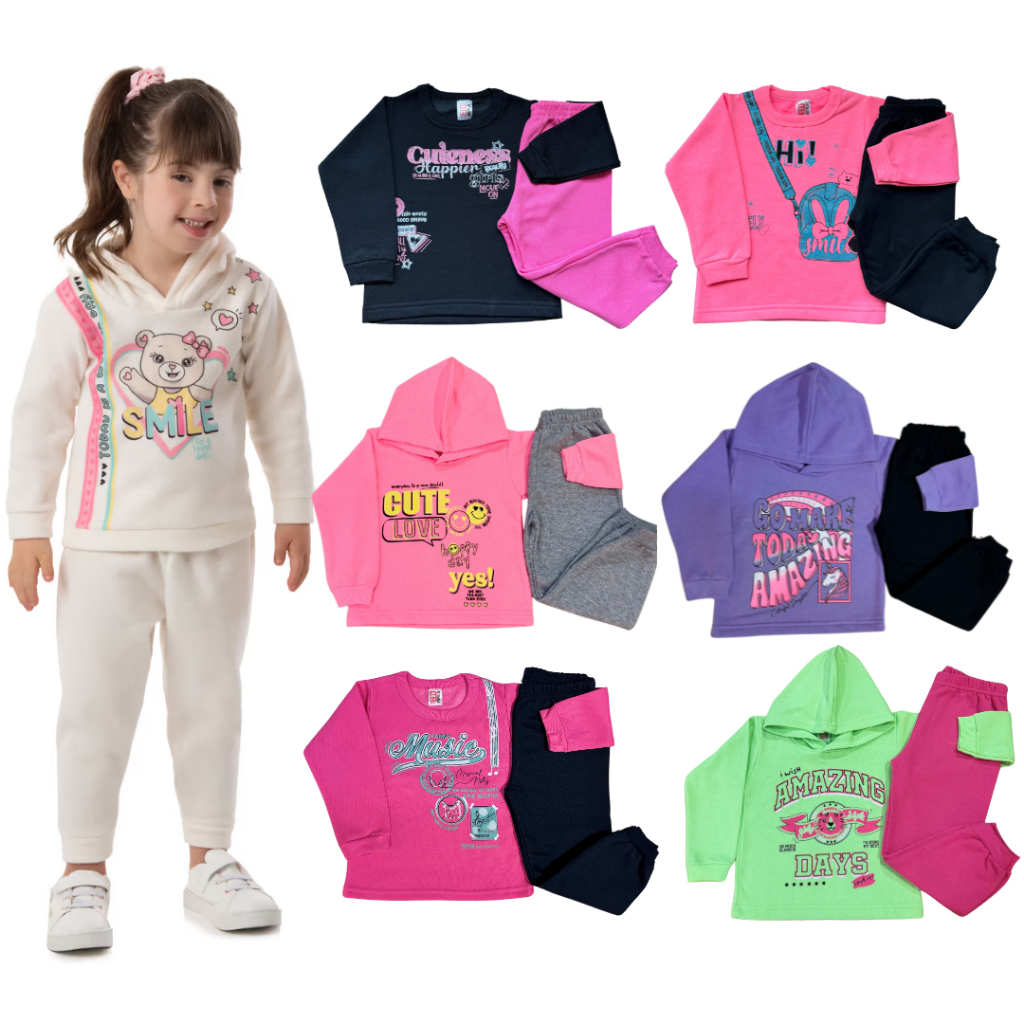 Conjunto Moletom Infantil Menina 1 a 8 anos Manga Longa Kit Calça e ...