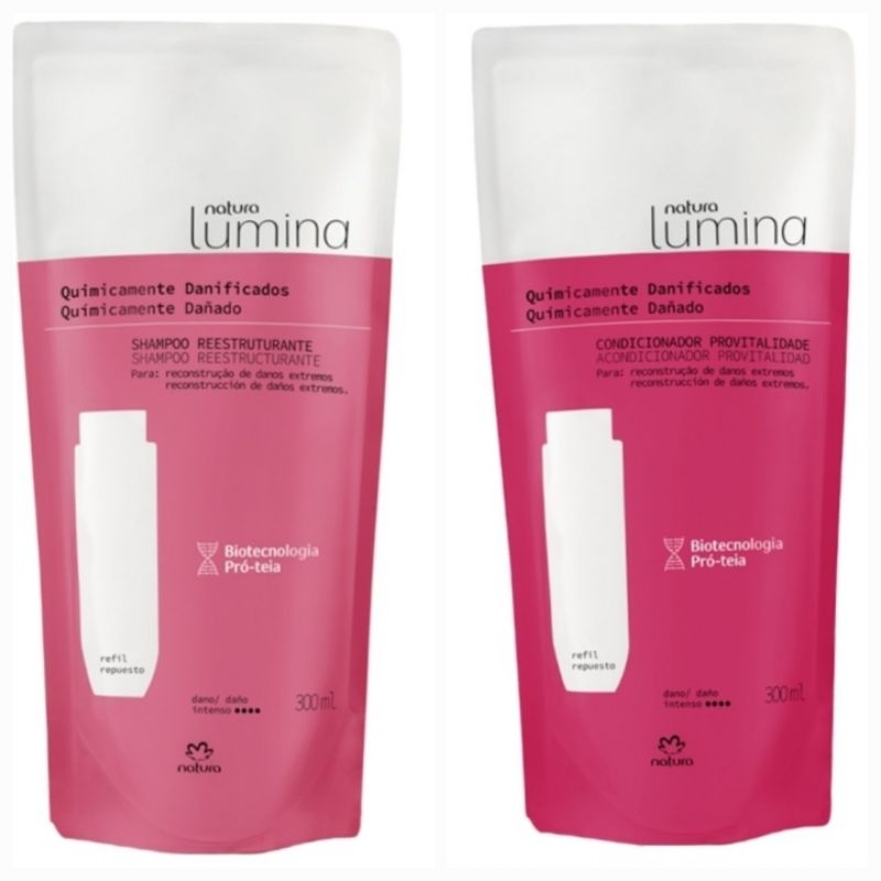 Refis de Shampoo e condicionador Natura Lumina cabelos danificados 300ml