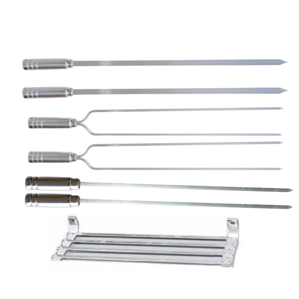 Conjunto de 6 Espetos Com Cabo de Alumínio polido Churrasco Alumínio TODAS AS MEDIDAS + SUPORTE 20CM