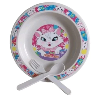 Prato Fundo Infantil com Talheres (Colher+Garfo) Menino e Menina