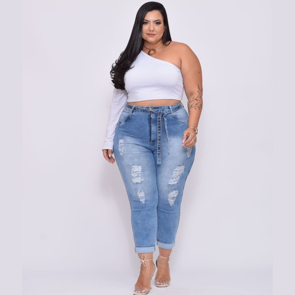 Calça Jeans Ane Plus Size Capri Eduarda Destroyed Rasgadinha Levanta Bumbum  | Shopee Brasil