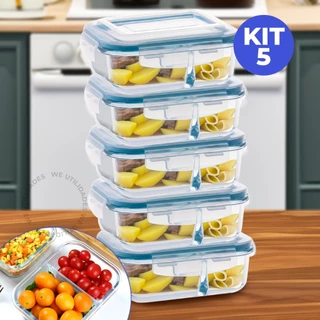 Kit 5 Potes De Vidro Hermético Com Divisória Marmita Tampa Silicone 640ml